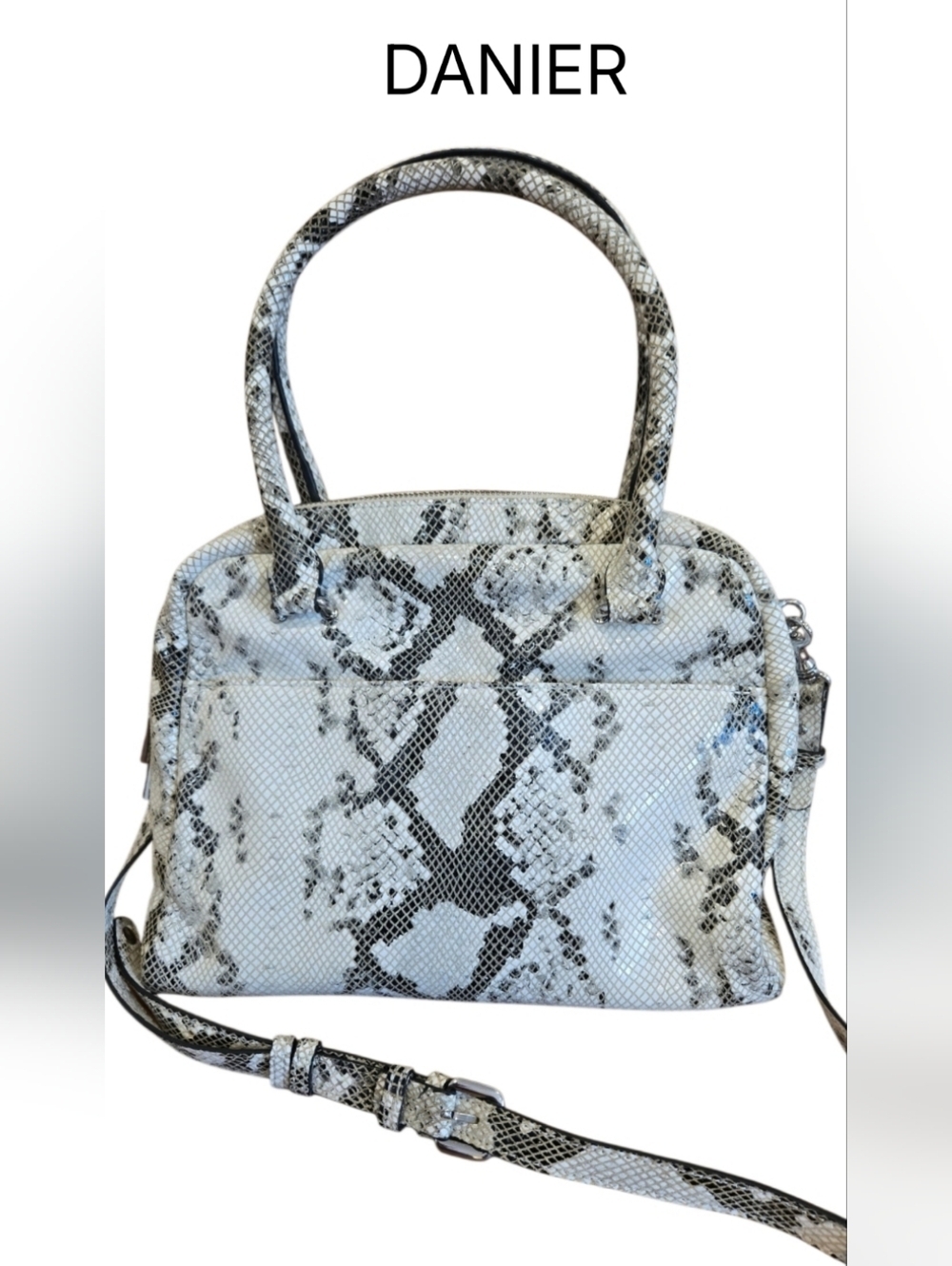 New Danier Black &White Snake-Print Genuine Leather Satchel with Crossbody Strap
